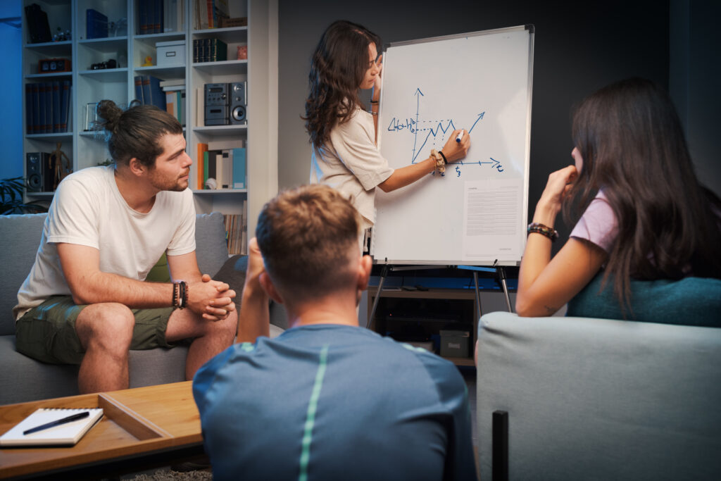 Team discussing demand generation strategies and analyzing lead generation graphs on a whiteboard.